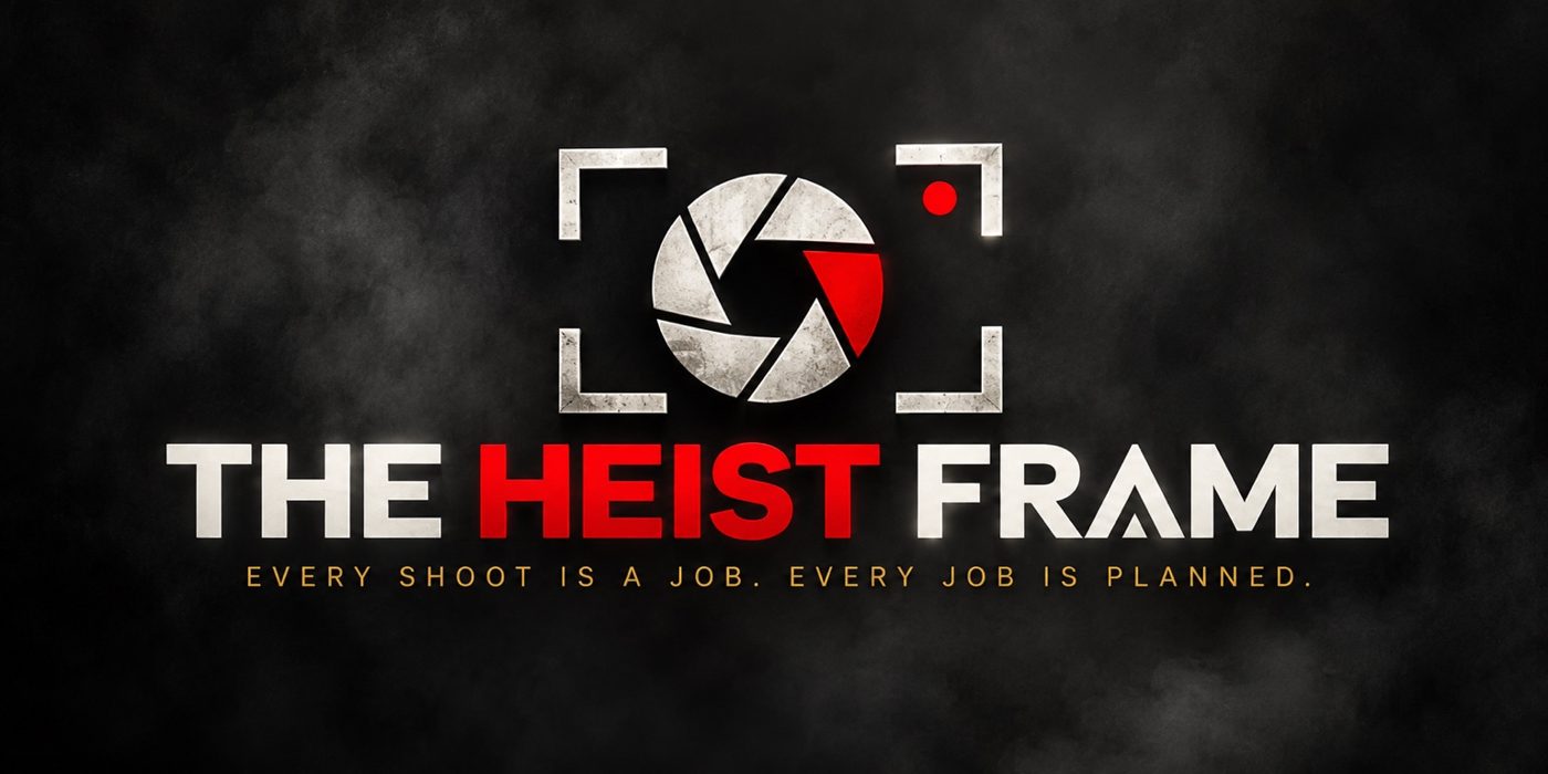 The Heist Frame logo: a camera aperture inside viewfinder brackets with one red blade, above the words The Heist Frame
